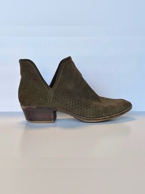 Lucky Brand Olive Suede Perforated Slip-On Block Heel Ankle Bootie Women's 6.5M